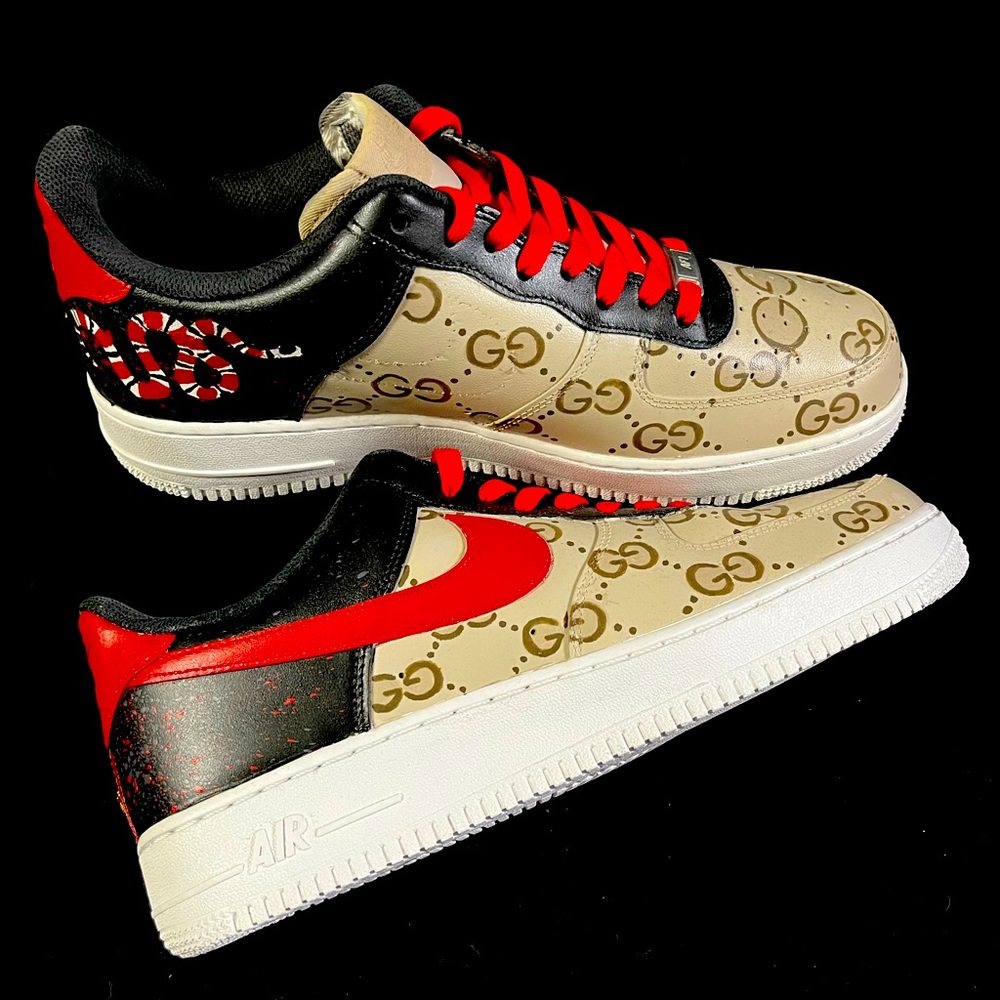 CUSTOM NIKE AIRFORCE 1 MENS LOW GUCCI PRINT AF1 BLACK RED HANDMADE